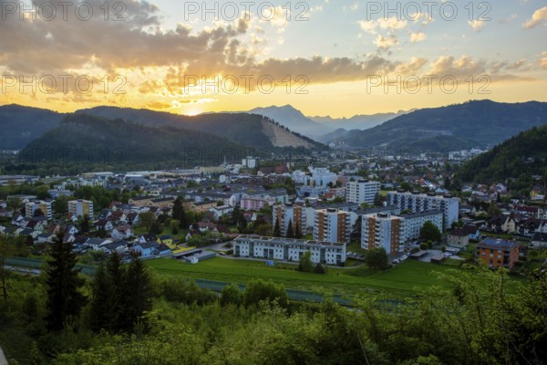 Evening mood, sunset over the Reiting massif, view of Göß, district of Leoben, Styria, Austria, Europe