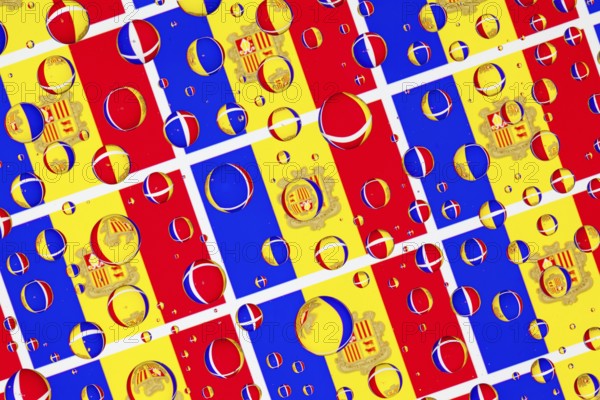 Flags of Andorra, behind a glass covered with rain drops.Pattern from Andorra flags. 3D illustration