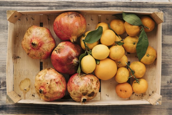 A wooden box with tangerines, lemons and pomegranates. Fruits collected in the autumn garden.