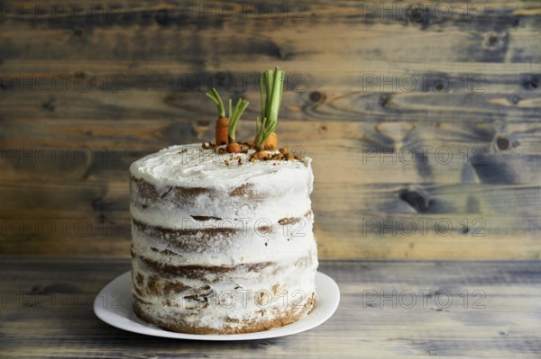 Carrot cake on a plate on wooden background.
