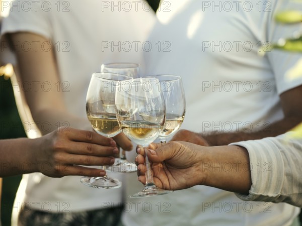 White wine glasses in hands. Four unrecognizable people clang glasses together outdoors