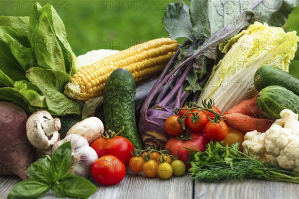 Various vegetables on a wooden table with copy space