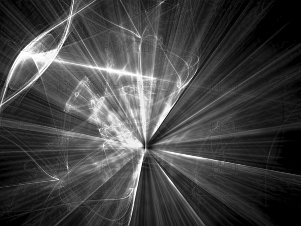Abstract wavy background - computer-generated image. Fractal geometry: bright rays against chaos lines and curls. Technology backdrop with light effects