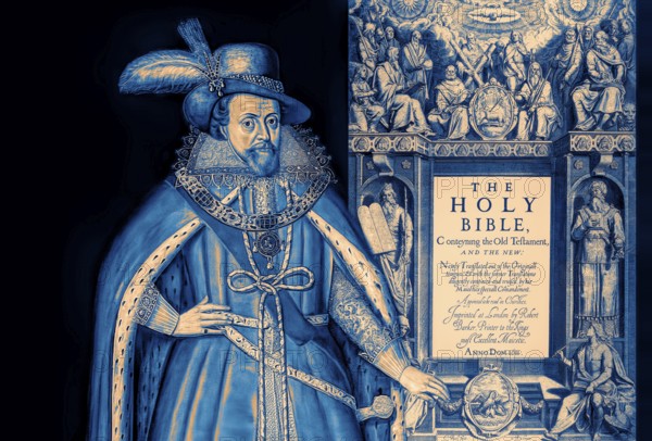 James VI and I, James Charles Stuart, 1566 – 1625, King of England, Scotland and Ireland, Frontispiece to the King James' Bible, 1611, digitally edited