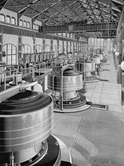 Turbine Hall, hydroelectric Power Station, powerhouse of Niagara Falls, Ontario, Canada, Historical illustration, 1900, Halle mit Turbinen und Generatoren, Niagarafälle, Ontario, Kanada, Nordamerika, North America