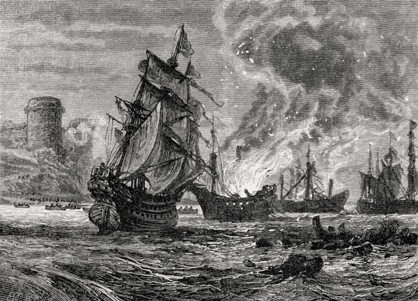 Attack of Upnor Castle by Michiel Adrianszoon de Ruyter, 1607, 1676, a Dutch admiral, From British Battles on Land and Sea, by James Grant