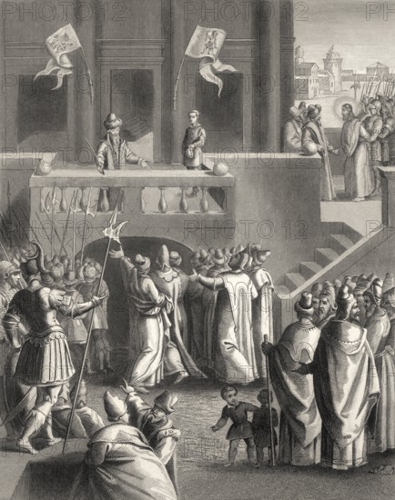 The Sanhedrin trial of Jesus, New Testament, steel engraving 1853, digitally restored