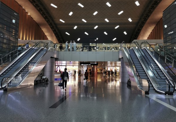 Doha, Qatar, March 8 2020: The luxury interior of the Hamad international airport, the base of Qatar airways in Doha, Middle East, Asia