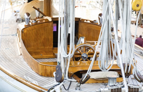 Luxury yacht. Comfortable expensive wooden design and furniture for holiday recreation tourism or travel and wealth concept