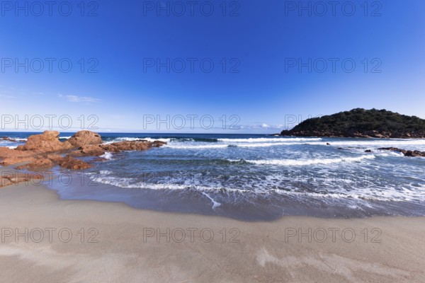 Bay with beautiful beach and sea in the sunshine, Spiaggia di Su Sirboni, Ogliastra, Sardinia, Italy, Europe