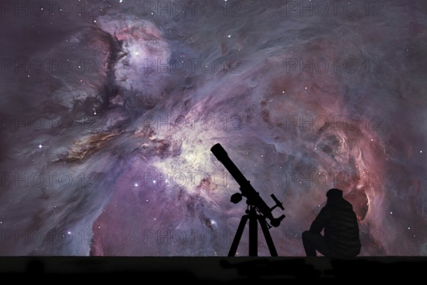 Man with telescope looking at the stars. The Orion Nebula Messier 42 diffuse nebula in constellation Orion. Elements of this image are furnished by NASA