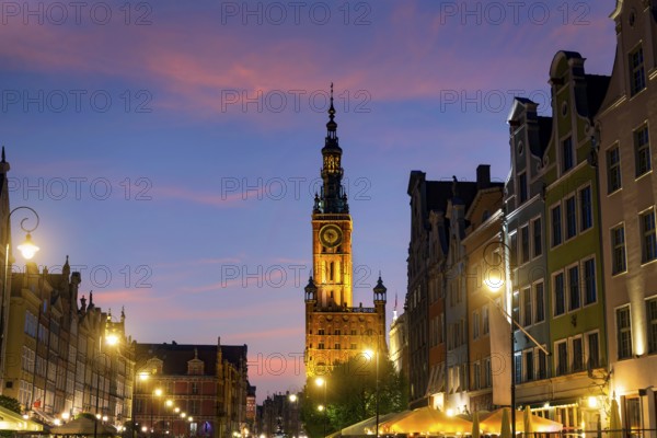 Illuminated Main Town Hall in Gdansk at sunset, Poland, Europe