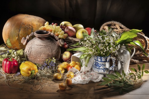 Still life with fruits, vegetables and tableware on a wooden table