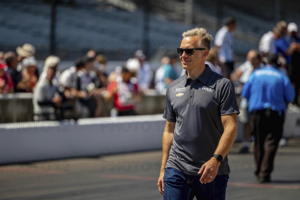 INDYCAR driver, ED CARPENTER (33) of Indianapolis, Indiana, brings his Ed Carpenter Racing Chevrolet car in for a pit stop during the Pit Stop Competition at the Indianapolis Motor Speedway in Indianapolis, IN, USA, North America