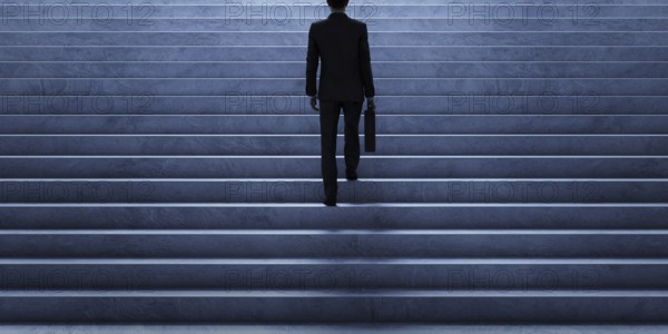 Businessman climbing stairs from underground. Ambitions concept. 3d rendering
