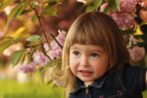 Little girl in garden, under the sakura tree