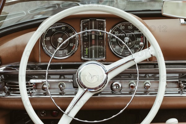 Vintage Mercedes Benz 300 SL 40 H Roadster, 1961, 2975 cc, 115 hp, 235 km/h, close-up of the dashboard with steering wheel