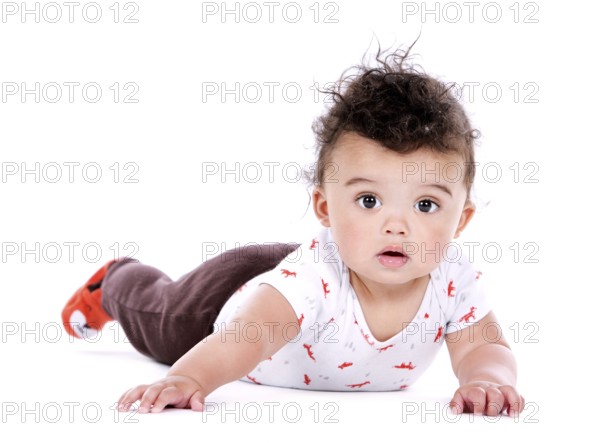 Adorable baby boy posing on white studio background, Toronto, Canada, North America