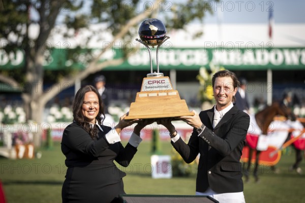 Celebration time for Team Fuchs as he takes a second win in as many years of the CPKC Internation GP at the Spruce Meadows Masters, in Calgary, Alberta, Canada, North America