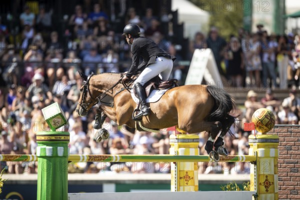 Scott Brash of Great Britain and riding Hello Jefferson compete in the first round of the 1.60m CPKC International during the Spruce Meadows Masters, presented by Rolex, in Calgary, Alberta, Canada, North America
