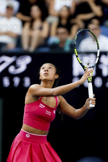 MELBOURNE, AUSTRALIA - JANUARY 12: Leylah Fernandez of Canada plays against Yuliia Starodubtseva of Ukraine on day 1 of the 2025 Australian Open at Melbourne Park on January 12, 2025 in Melbourne, Australia, Oceania
