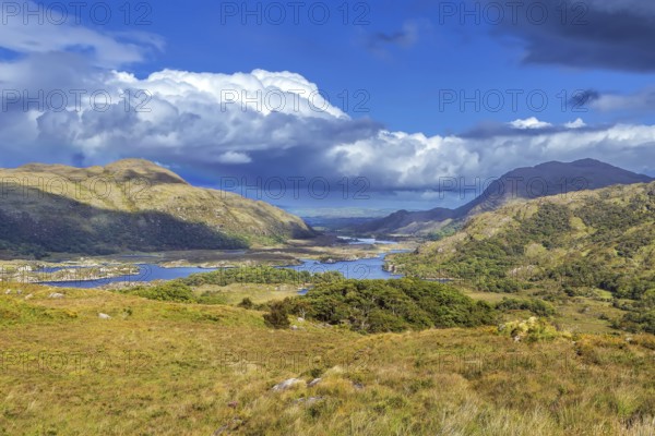 Landscape from Ladies View is a scenic viewpoint on the Ring of Kerry tourist route. Ireland