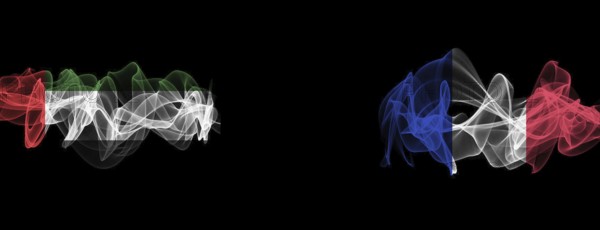 Flags of UAE and France on Black background, UAE vs France Smoke Flags