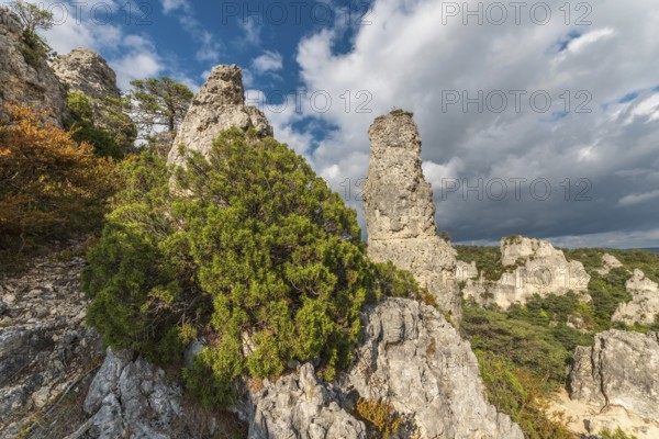 Rocky peak in the Chaos site of Montpellier in the Cevenes. Milllau, France, Europe