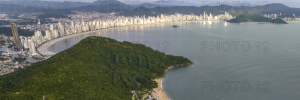 Balneario Camboriu in Santa Catarina. Taquaras Beach and Laranjeiras Beach in Balneario Camboriu. Aerial view in landscape. Brazil