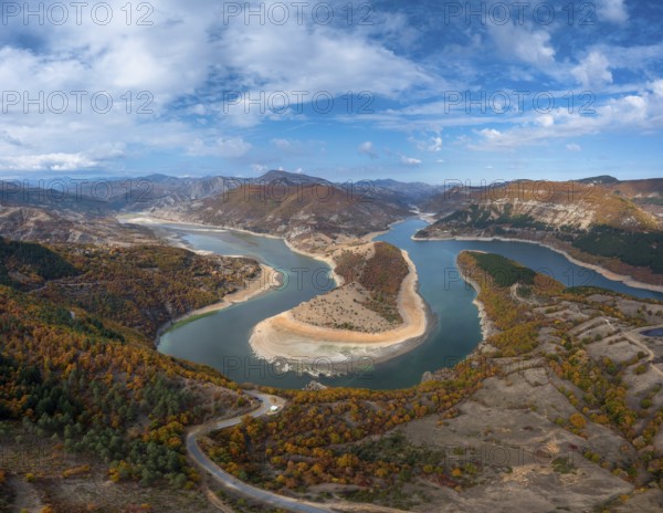 A drone view of the Kardzhali reservoir and Arda River Bends in Bulgaria