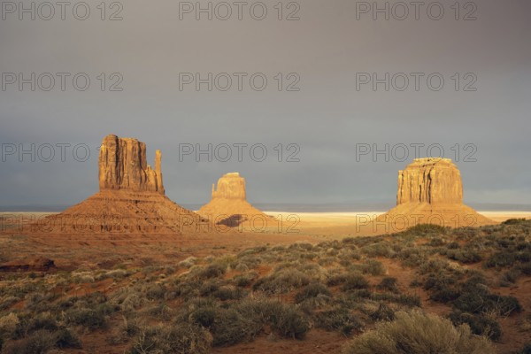 The famous Monument Valley in the USA with dark storm clouds