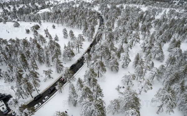 Drone aerial scenery of highway road crossing the snowy mountain forest landscape in winter. Wintertime Troodos mountains Cyprus