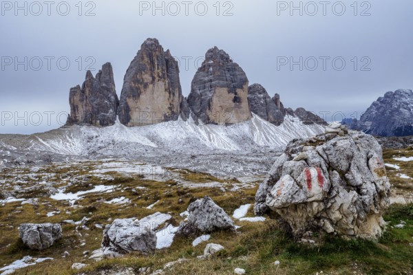 View of famous Tre Cime peaks in Tre Cime di Lavaredo National Park, Dolomiti Alps, South Tyrol, Italy, Europe