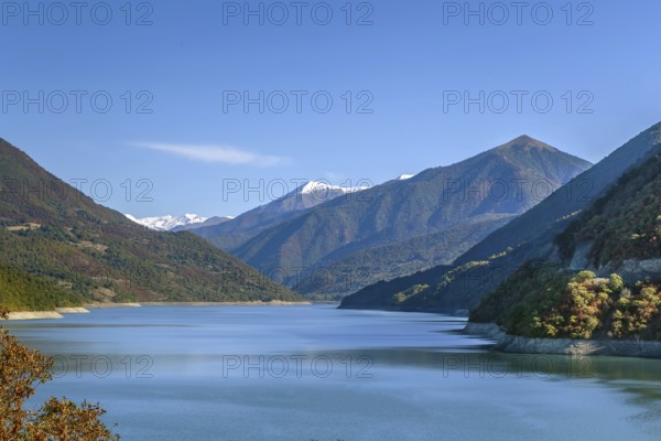 Landscape of Zhinvali reservoir with surrounding mountains, Georgia, Asia
