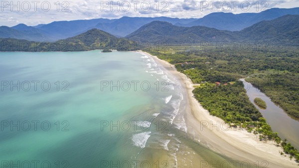 Aerial view of Green Coast shoreline with turquoise water, beach, river and green mountains, Brazil, South America