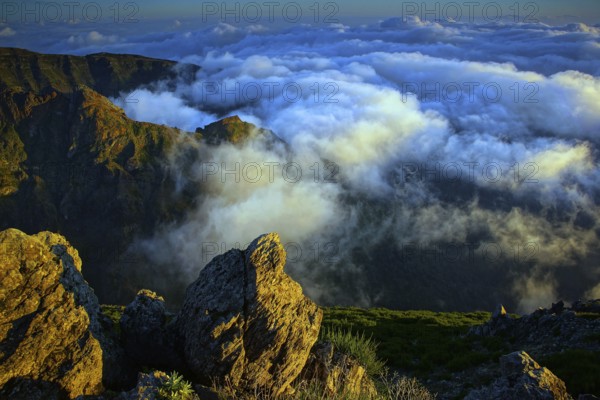 Third highest mountain in Madeira, Pieco do Ariero, above the clouds, sunset, Madeira, Portugal, Madeira, Portugal, Europe