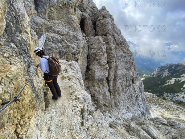 Adventurous hike up to mount Lagazuoi in the Dolomite Alps, autonomous pronvince of South Tirol in Italy