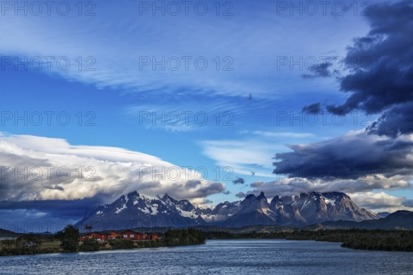 View over Lago Paine to the Cuernos and Torres del Paine, Torres del Paine National Park, Patagonia, Chile, South America