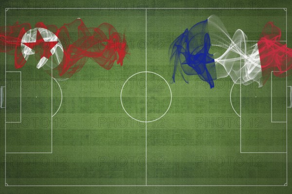 North Korea vs France Soccer Match, national colors, national flags, soccer field, football game, Competition concept, Copy space