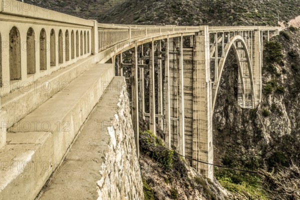 Close-up, detailed and side view of the Bixby Bridge on Coastal and Pacific Highway one, Big Sur. Travel and tourism