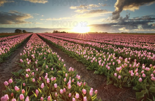 Beautiful sunset over field with pink tulips, Holland