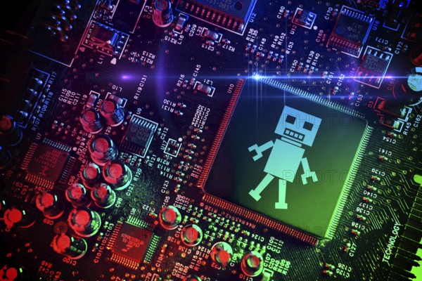Computer chip with robot symbol, artificial intelligence, photomontage