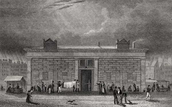 The morgue, quai of Notre-Dame, Paris, antique steel engraved print, 1831