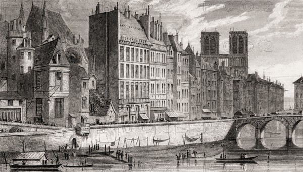 Panorama of Paris with Notre-Dame de Paris, antique steel engraved print, 1831