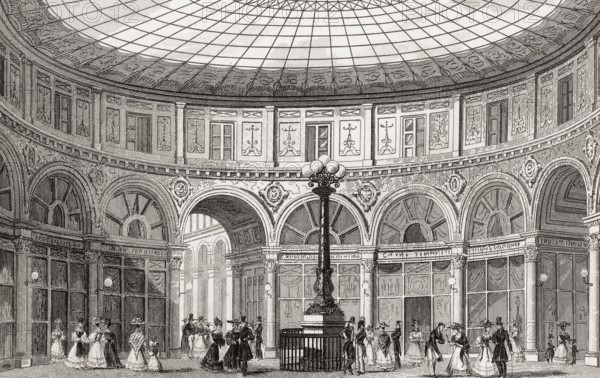 Le galerie Colbert, Paris, antique steel engraved print, 1831