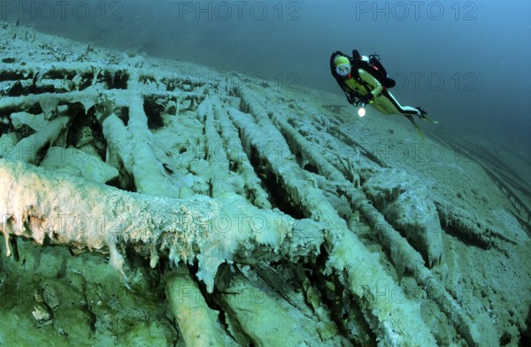 Diver in a mountain lake, Austria, Tyrol, Europe