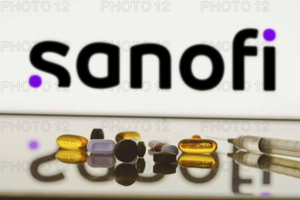 May 27, 2024, Brazil. In this photo illustration, the Sanofi logo is displayed on screen in the background with pills and medical bottle and syringe