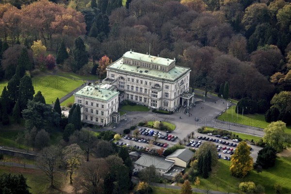 Villa Hügel on Lake Baldeney in Essen. Former residence of the Krupp family, steel industry, history, overview, aerial view, autumn