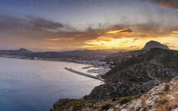 Landscape view of Javea Bay and port in Alicante Province at sunset