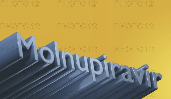 Poltava, Ukraine - 19 October 2021 Molnupiravir pills, treatment of covid. Coronavirus medication, 3d render.Blue text and yellow background. High quality 3d illustration